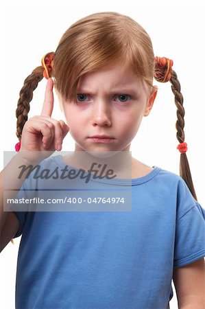 Little girl gesturing attention sign solated over white background (big thumb up)