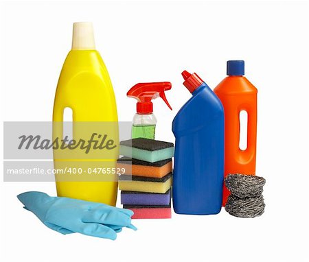 close up of hygiene cleaners for housework on white background with clipping path