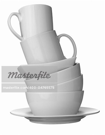 close up of stack of white ceramic dishes on white background with clipping path