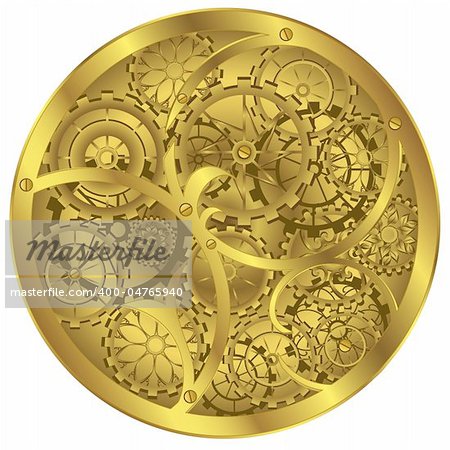 Difficult clockwork of gold colour on white background