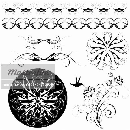 set of monochrome flowery patterns and ornaments