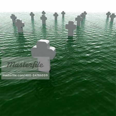 cemetery white crosses flooded green water