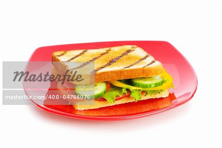 Plate with tasty sandwich isolated on white