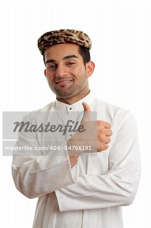 Ethnic mixed race man wearing a cultural clothing and vintage leopard skin topi hat.  He is smiling and giving thumbs up approval success.  White background.