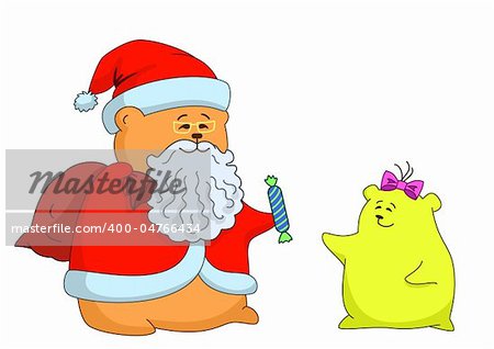 Santa Claus-pillow in red fur coat and cap handing over candy to the little girl-pillow