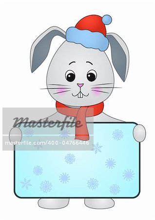The cheerful hare in Santa Claus hat holds in his paws blue poster decorated with snowflakes