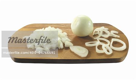 sliced onion on deck isolated on white background