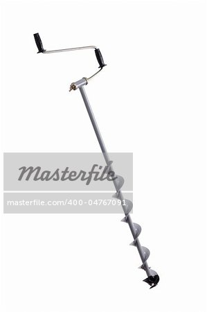 Small hand operated ice auger used in ice fishing isolated on white