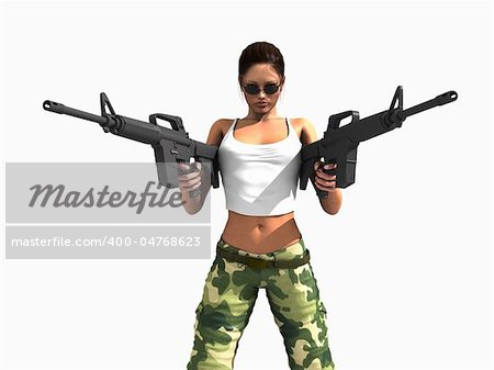 3d illustration of a female soldier holding two guns