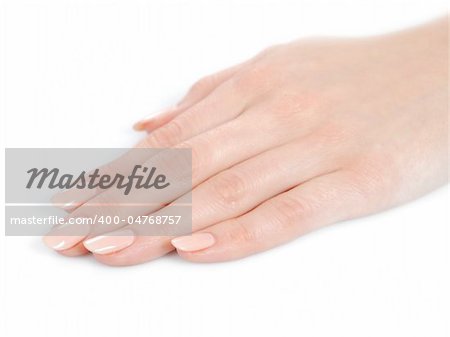 Beautiful hands with perfect nail french manicure. isolated on white background