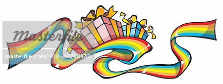 Rainbow ribbon with holiday gifts, element of design, vector illustration