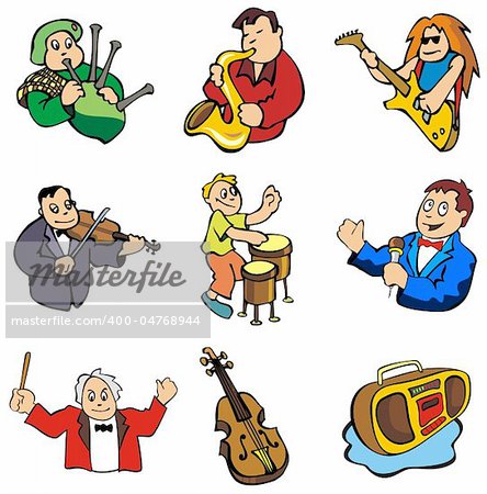 Set of musicians and music related objects, cartoon style, vector illustration