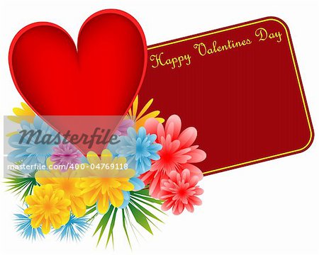 Valentine red heart, bouquet of flowers and a happy valentines day gift tag. Isolated on white. Copy space for text.