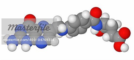 Space-filling model of folic acid molecule isolated on white background