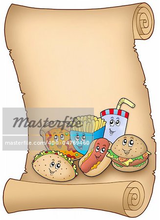 Parchment with various cartoon meals - color illustration.