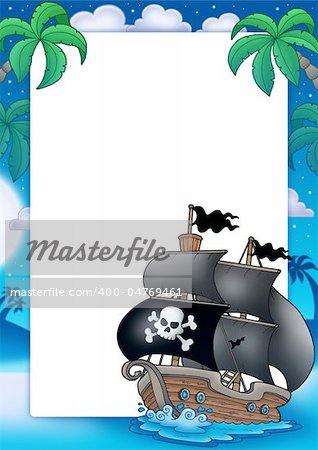 Pirate frame with sailboat at night - color illustration.