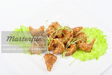 Gourmet fish fillet baked at caramel isolated on a white