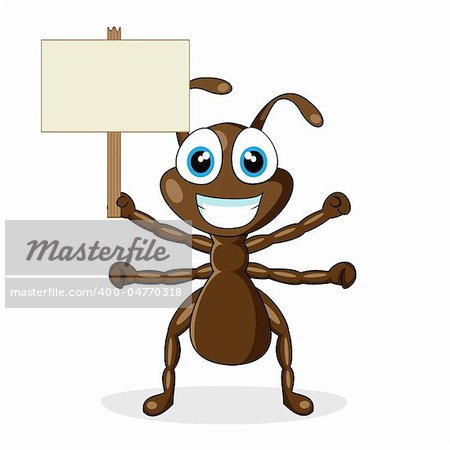 vector illustration of a cute little brown ant with wood sign. No gradient.