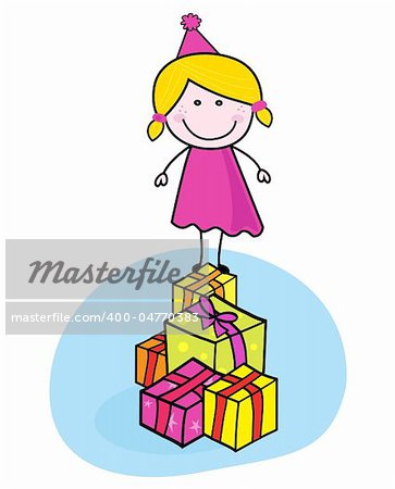 Christmas or birthday party? Use my pink girl with presents in doodle style.