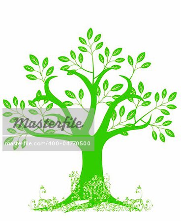 Abstract Tree Silhouette with Leaves and Vines on White Background