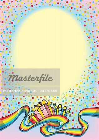 Rainbow ribbon with holiday gifts, background, vector illustration