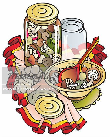 Preserving, canning and cooking fresh mushrooms, colored tablecloth, vector illustration