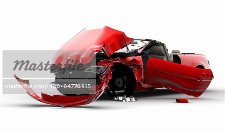 Accident of a red car isolated on a white background