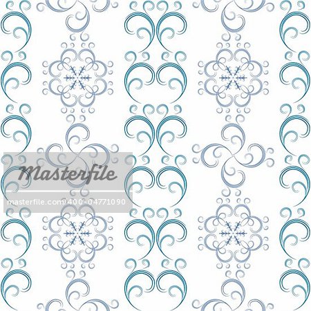 White seamless christmas striped pattern with blue and violet curls and snowflakes (vector)