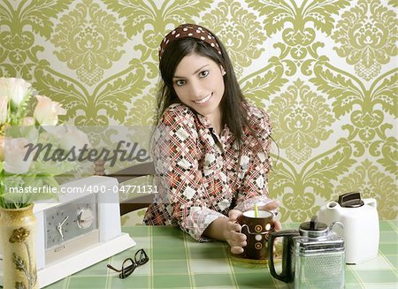 Retro woman drinking coffee on kitchen vintage wallpaper