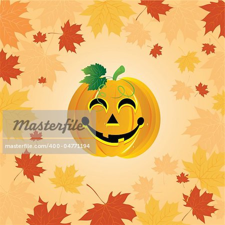 Halloween pumpkin on the autumn leaves. Vector illustration.