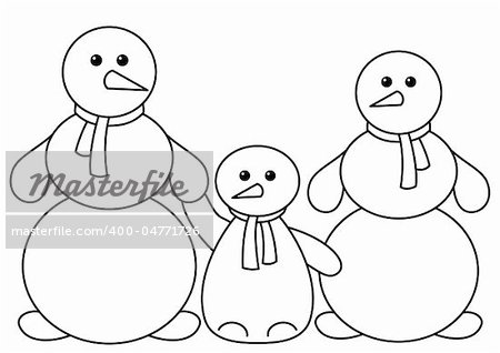 Snowballs family: baby, mother, father, christmas pictogram, contours