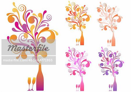 champagne bottle with explosive ornament, vector background