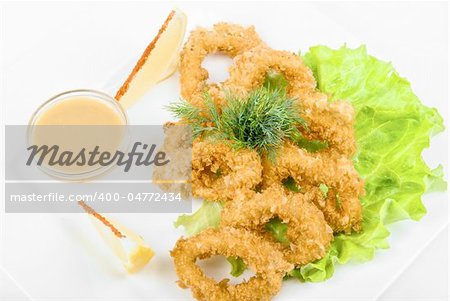 Deep-fried squid with salad leaves, sauce, green and lemon on a white background