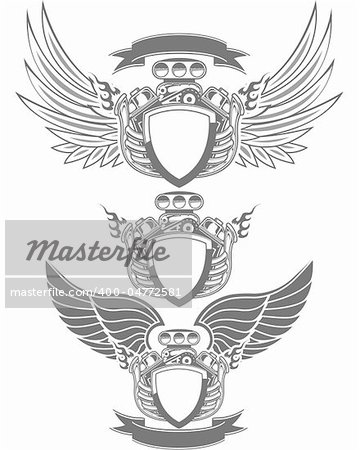 Racing emblem with engine, wings and ribbon