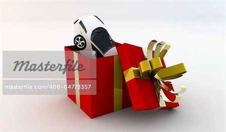 Open red gift with inside a new white car