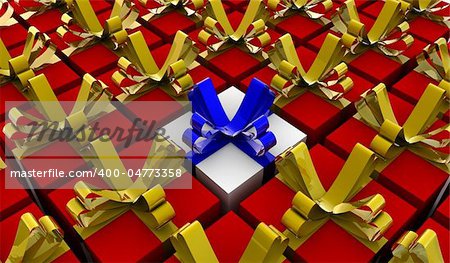 A white and blue gift between many red and yellow gifts