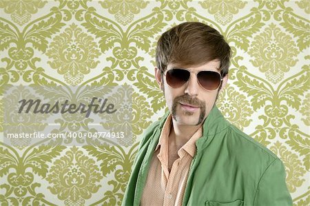 geek retro salesperson man funny mustache sunglasses in green wallpaper