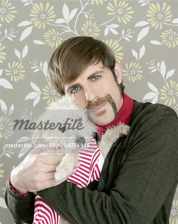 geek retro man holding dog silly couple on wallpaper