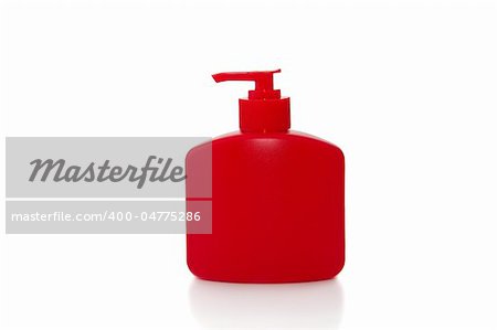 red bottle of liquid soap on a white background