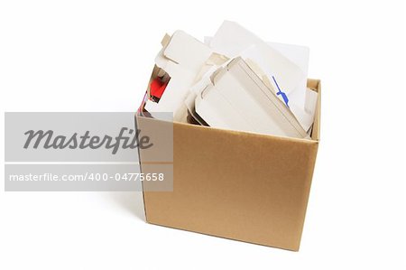 Waste Paper Products in Cardboard Box on White Background