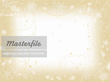 white snowflakes over beige frame background with feather center