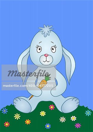 Rabbit siting on a flower meadow and holding carrot in paws