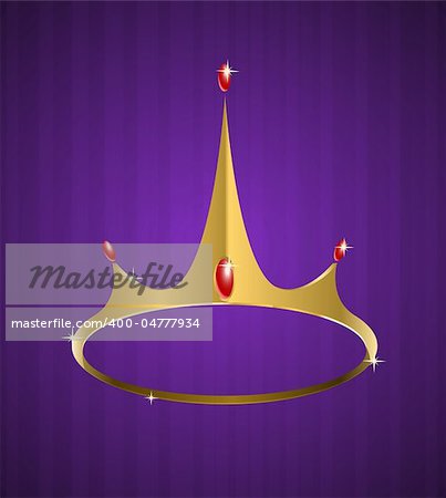 Vector golden crown with shiny diamonds on purple background