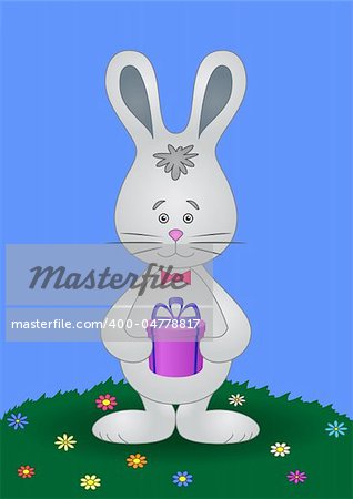 Holiday vector: toy rabbit with a gift box on a flower meadow