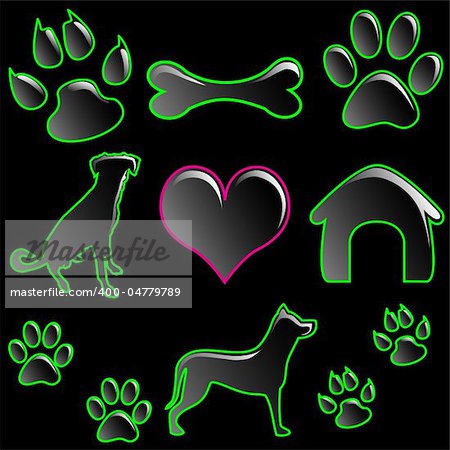 Illustration of icon set for pets on a black background.