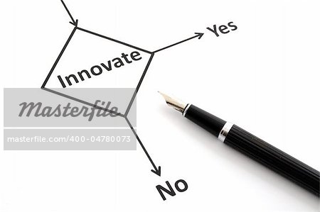 business innovation concept with flowchart and pen on white