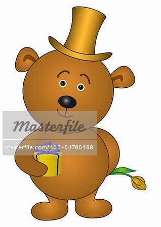 Holiday vector: teddy bear enamoured in cylinder with gift box and flower