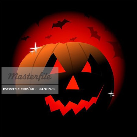 Happy halloween card with a evil pumpkin over a red and black background with vampires.