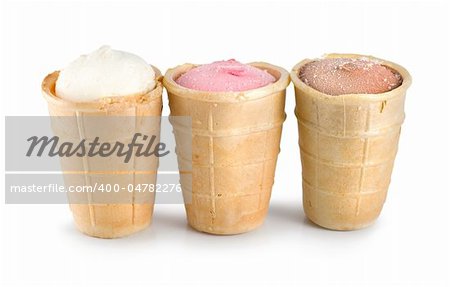 Three different flavors of ice cream cones... chocolate, vanilla, and strawberry