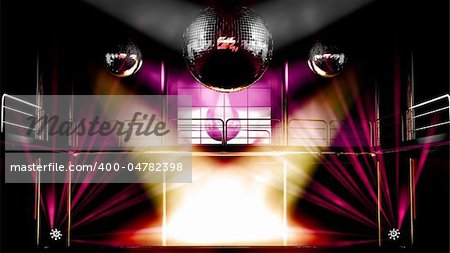 Night club interior with colorful spot lights, lasers and shining mirror disco balls artistic light show